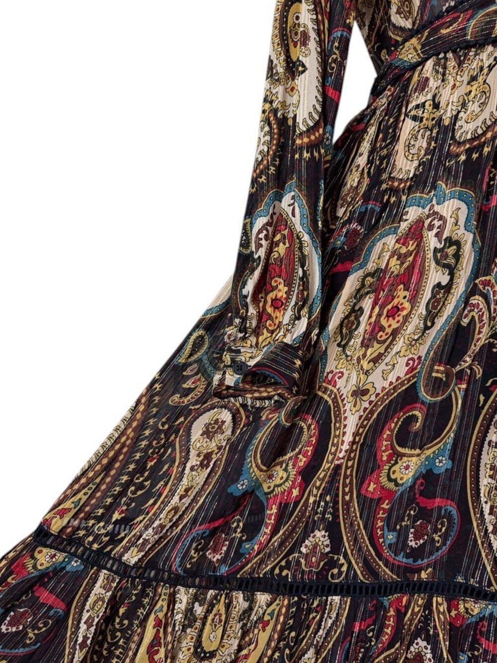 Paisley Print Maxi Dress Black Gold Teal Tiered Long Sleeve Collared Boho Belt - Picture 5 of 7
